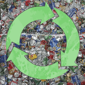recycling symbol with aluminum cans in background