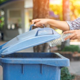 Person placing plastic bottle in recycling bin.